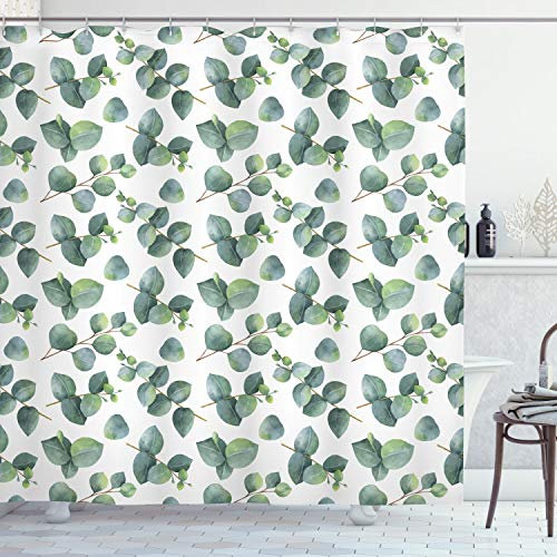 ABAKUHAUS Blatt Duschvorhang, Aquarell Eucalyptus Kunst, Stoffliches Gewebe Badezimmerdekorationsset mit Haken, 175 x 240 cm, Grün Hellbraun Weiß