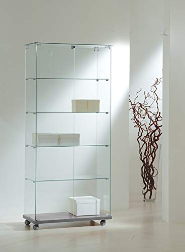 Glas-Vitrine ohne Rahmen T 40 x B 80 x H 180 cm - breite Ausstellungsvitrine Sicherheitsglas abschließbar - Verkaufsvitrine mit Rollen - ohne Beleuchtung