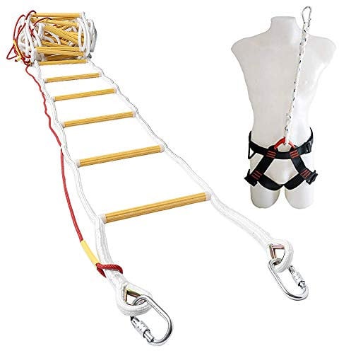 Scala di Emergenza da 3 a 4 Piani 10 m con Moschettoni e Imbracatura di Sicurezza | Scala a Fune di Salvataggio - Pioli Antiscivolo
