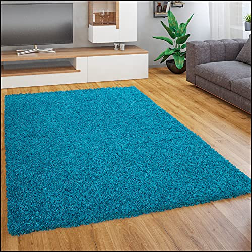 Paco Home Teppich Wohnzimmer Schlafzimmer Hochflor Shaggy Flokati Optik Einfarbiges Design Weich Flauschig Moderne Deko, Grösse:140x200 cm, Farbe:Türkis
