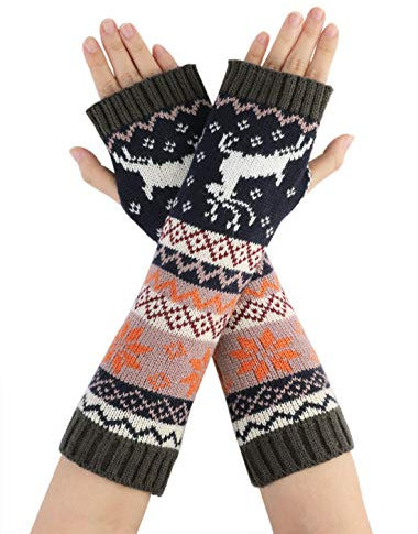 Allegra K Damen Fingerloser Handschuh Winter Strick Daumen Ellenbogen Länge Armstulpen, Dunkelgrau-Hirsch, Eben 30x8 cm/11.8x3.14 (L*W)