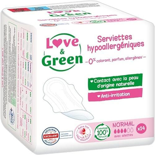 Love & Green Serviettes hygiéniques, écologiques et hypoallergéniques - certifiées Ecolabel et Dermatest - NORMAL x 14 : Sans colorant, parfum, allergènes