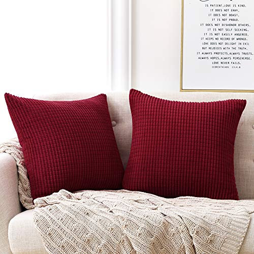 Deconovo Kissenbezüge 45x45 Dekorative Kissenbezug Kordsamt Kissenhülle Sofakissen Dekokissen Couchkissen mit Verstecktem Reißverschluss Kissenhüllen für Sofa Schlafzimmer, 45x45 cm, Weinrot, 2er Set