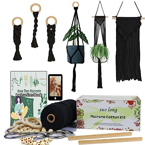 Makramee Garn Set für Anfänger mit Anleitung 3mm Makramee Garn Schwarz Set mit holzringe und holzperlen Zubehör für Makramee Wandbehang,Makramee Blumenampel Schwarz Makramee für Anfänger