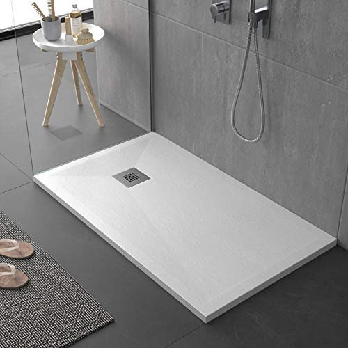Plato de ducha de mármol blanco con efecto piedra pizarra, serie Sierra, Slim 3 cm, revestimiento de Gelcoat, antideslizante