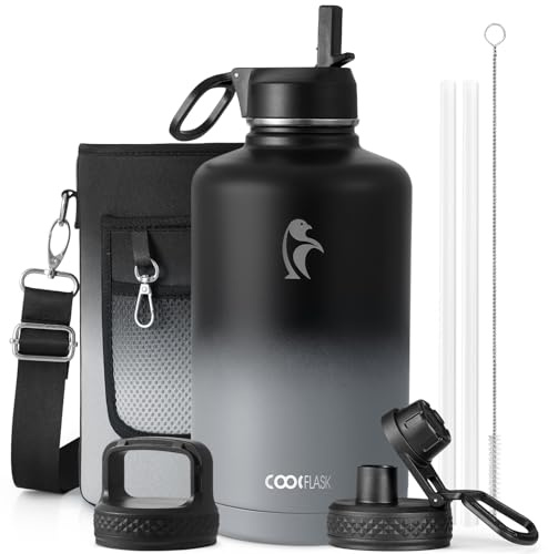 Coolflask 2572ml Water Bottle with Reusable Straw & Spout Lid, Vacuum Stainless Steel Water Jug Wide Mouth Thermo Canteen Mug, Sweat-Proof BPA-Free Keep Cold for 48 Hrs or Hot for 24 Hrs, Piano Night