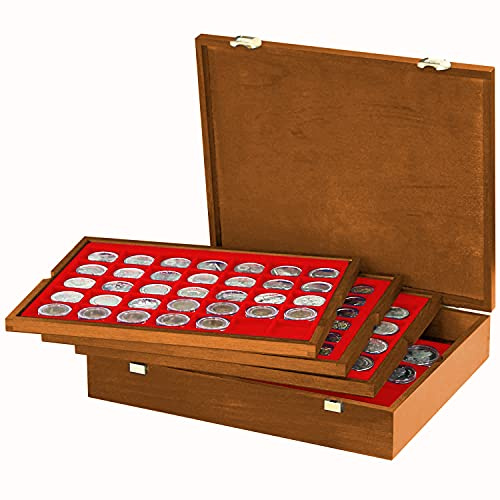 Lindner Caisse à pièces en bois véritable avec 4 plateaux rouges clairs pour 127 pièces de différents diamètres