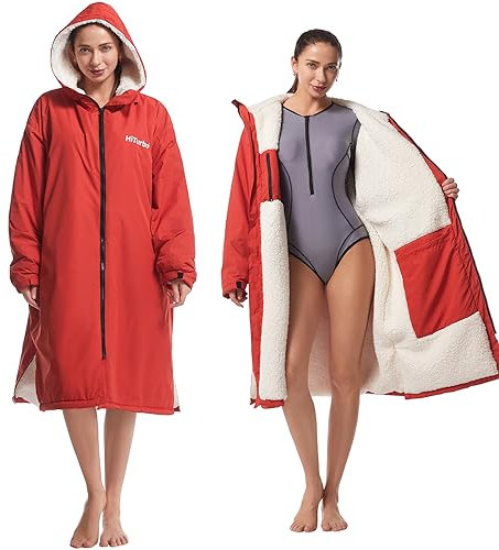 Hiturbo Peignoir à langer imperméable pour adulte : manteau de bain chaud coupe-vent surdimensionné poncho de surf avec doublure en polaire, Rouge, pour enfant et adulte, taille unique