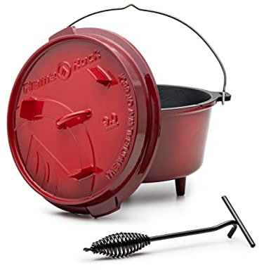 FLAME ROCK Dutch Oven 9.0, rot emailliert, robuster Feuertopf mit 7,85 Liter Fassungsvermögen, einfache Reinigung, bereits eingebrannt, inklusive Deckelheber