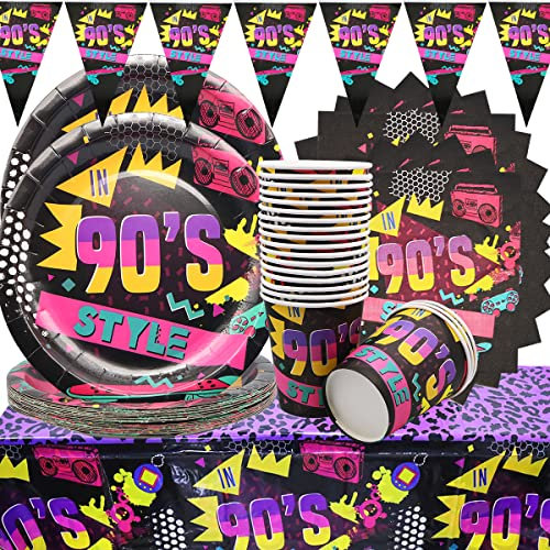 90er Party Geschirr, Shamoparty 62 Stück 90er Party Dekoration, Inkl 90er Party Banner, Teller, Pappbecher, Servietten, Tischdecke, für Kindergeburtstag 90er Party Supplies