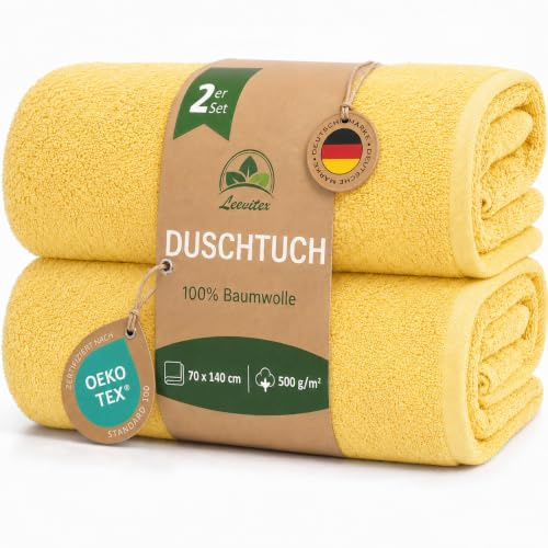 leevitex® Handtuch-Set, flauschig und saugstark, 2 Duschtücher, 70 x 140 cm, Qualität 500 g/m², 100% Baumwolle - Gelb