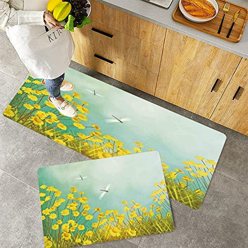 Küchenteppich Teppich Läufer Küchenläufer 2 Stück rutschfest,Libelle, blühende Kunstlandschaft mit Gänseblümchen auf Gras und Libellen in der Luft, grü, Waschbar für Flur Küche 40 x 100 cm+40 x 60 cm