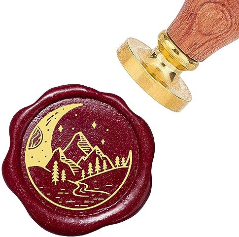 craspire Bergwachs-Siegelstempel, 25 mm, Mond, Stern, Baum, Fluss, Siegelwachsstempel, Retro-Palisandergriff, Abnehmbarer Messingkopf Für Hochzeitseinladungen, Umschläge, Halloween, Weihnachten