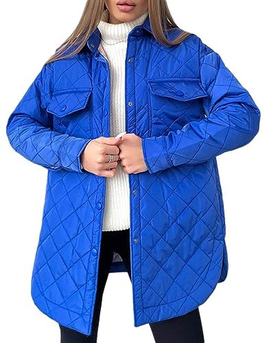 Onsoyours Wintermantel Damen Steppjacke Lang Mantel Winterjacke Lockere Warmer Steppmantel Lässige Revers Mantel Mit Gürtel Wintermantel Lockere Outwear A Blau XL