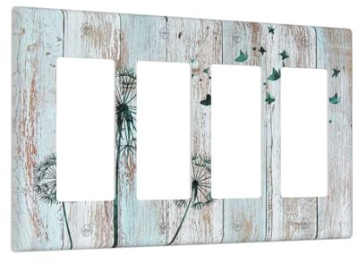 Cubierta de interruptor de luz decorativa rústica de diente de león, diseño retro de mariposa azul y gris, 4 bandas, cubierta de interruptor de luz, cubierta de enchufe decorativa vintage de campo,