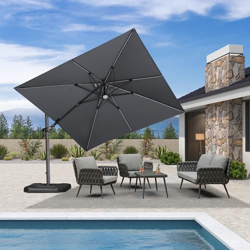 PURPLE LEAF Ampelschirm 300 x 300 cm Sonnenschirm mit LED Beleuchtung, Neigbar Kippbar Gartenschirm mit Kurbel, Aluminium Gestell, 360° Rotation, Hellgrau