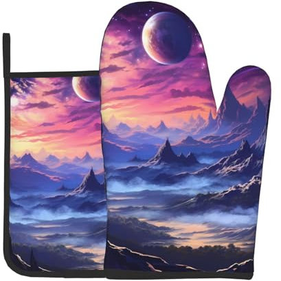 Galaxy Stars Hills bedruckte Ofenhandschuhe und Topflappen, wasserdicht, hitzebeständig, mit Aufhängeschlaufe, 2 Stück