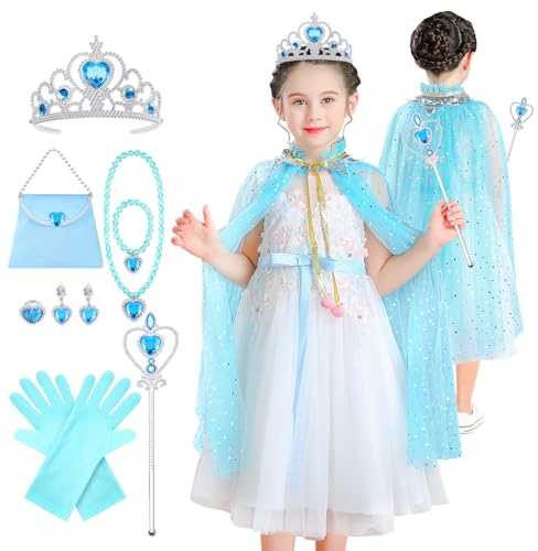 Aomig 11 Stück Prinzessin Umhang Set, Mädchen Prinzessin Kleid mit Krone Zauberstab Schmuck Tasche, kostümWeihnachten Halloween Verkleidung Fasching Cosplay Geburtstag Partykleid (Blau)