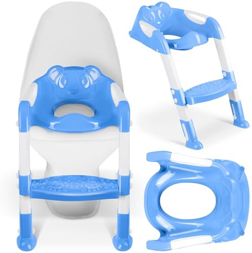 Ricokids Toilettensitz Kinder mit Treppe - Toilettentrainer mit Treppe für Jungen und Mädchen - WC Sitz Kinder - Dreieckige Struktur - Einstellbare Höhe - 38 x 74 x 70 cm - Weiß, Kornblumenblau