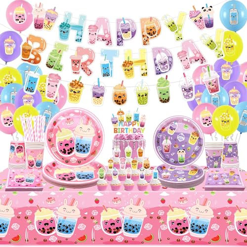 Obussgar Milch Tee Geburtstag Party Dekorationen - Bubble Tea Party Supplies enthalten Banner, Kuchen Topper, Teller, Tassen, Servietten, Luftballons, Tischdecke - Serves 20 (Banner)