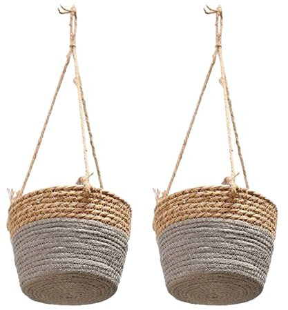 BEIJIALY 2er-Pack Hängender Pflanzkorb aus Seegras, Gewebter Rattan-Pflanzenaufhänger, Hängender Rattan-Pflanzgefäß, Makramee-Pflanzenaufhänger, Blumentopfhalter für Garten, Draußen,(Grau)