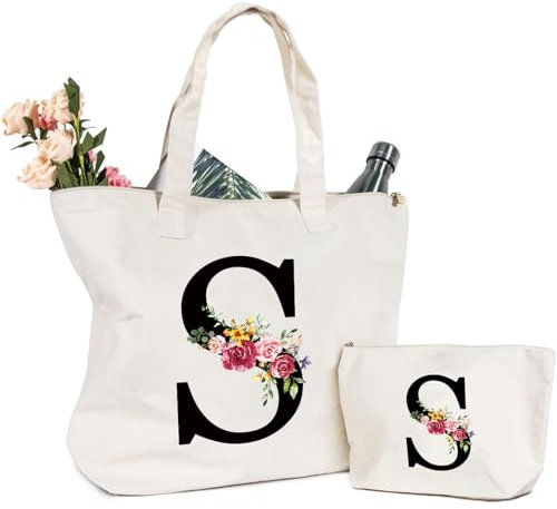Tragetasche und Kosmetiktasche mit Initial, Canvas Einkaufstasche mit Reißverschluss, Personalisiert Initialen Baumwolltasche Geschenk für Freundin Frau Mama Schwester Geburtstag Hochzeit Muttertag S