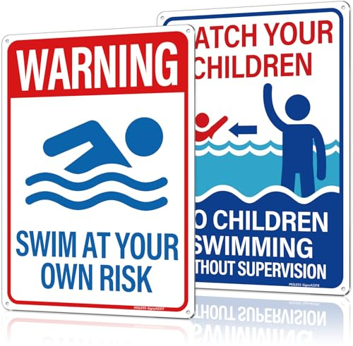 MOLESS Pool-Schilder für draußen, 35,6 x 25,4 cm, Sicherheit in 0,040 rostfreiem Aluminium, lichtbeständig, mit Schwimmen auf eigene Gefahr und Beobachtung Ihrer Kinder, 1 + 1 Packung