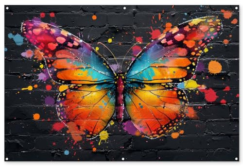 MuchoWow© Gartenposter Groß 180x120 cm XXL Outdoor Bilder Gartendeko für draußen Wetterfest Garten Deko Banner Draußen Bild Garden Decoration Schmetterling - Graffiti - Neonkunst - Farbenfroh - Kunst