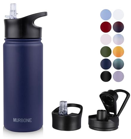 MURBONE Insulated Water Bottle, 500ml Stainless Steel Drink Flask with Straw, BPA Free, Leakproof Double Walled Vacuum Bottle with 2 Lids ( Straw and Spout ), Navy Blue