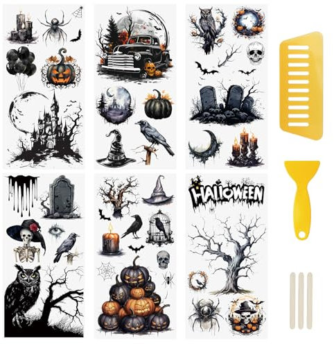 WANDIC 6 fogli di adesivi a trasferimento per Halloween, squisiti adesivi con corvo, fantasma, pipistrello, teschio, impermeabili, per feste in casa, fai da te, 15 x 30 cm