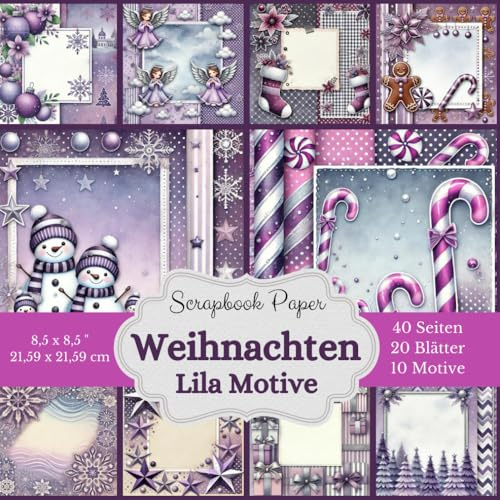 Lila Weihnachts-Scrapbook-Papier: großen Motiven, Rahmen und Mustern in trendigen Lila- und Beerentönen. 40 Seiten (20 Blätter) Größe: 8,5 x 8,5 Zoll (21,59 x 21,59 cm) 10 verschiedene Designs