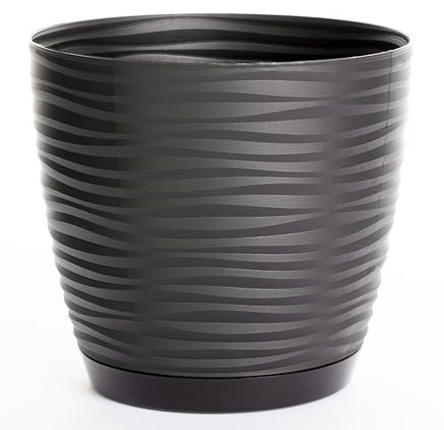 Home Garden Ornaments Wave Plant Pots Indoor – Indoor Plant Pot with 3D Effect, Drainage Holes, and Integrated Saucer, Plastic Flower Pots (Diameter: 19cm, Colour: Black)