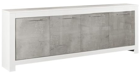 AltoBuy Denae - Buffet 4 Portes L207cm Laqué Blanc Brillant et Gris Marbré