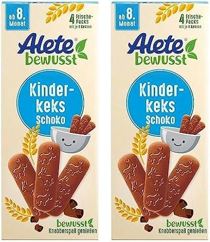 Alete bewusst Kinderkeks Schoko, ab dem 8. Monat, Butterkeks aus Weizen für Kinder, handlich verpackte Kekse als kleiner Snack, perfekt für unterwegs & zwischendurch, 1 x 180 g (Packung mit 2)