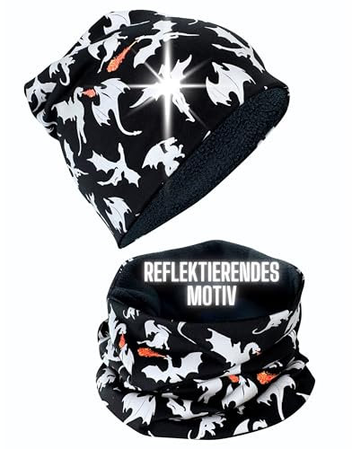 HECKBO 360° Reflektor Kinder Beanie Mütze & Loop Schal Set - mit reflektierenden Drachen Dragon - Vliesfutter innen - 2-6 Jahre - 95% Baumwolle