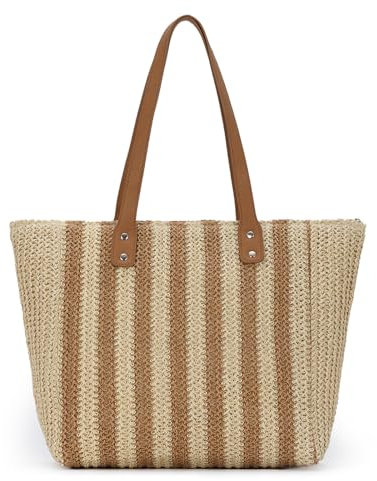 HomKuch Bolsos de Paja para Mujeres - Bolsos Tejidos de Playa de Verano - Ligeros - Boho - Marrón Claro - 16.93*5.51*11.81 pulgadas