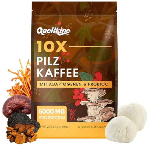Pilzkaffee – Mushroom Coffee mit 10 Pilzen, Adaptogenen & Probiotika, Instant-Arabica-Kaffee mit Löwenmähne, Chaga, Reishi, Cordyceps & mehr, Pilz-Extrakt-Pulver, 150 g