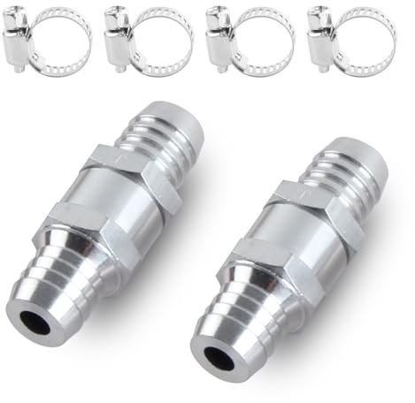 KEWAYO 2 Stück10mm Aluminium Ventil Rückschlagventil Kraftstoff Rückschlagventil für Benzin Dieselöl Wasser Chrom Auto Vergaser Niederdrucksystem Aluminium Mit 4 Schlauchschellen (Silber)