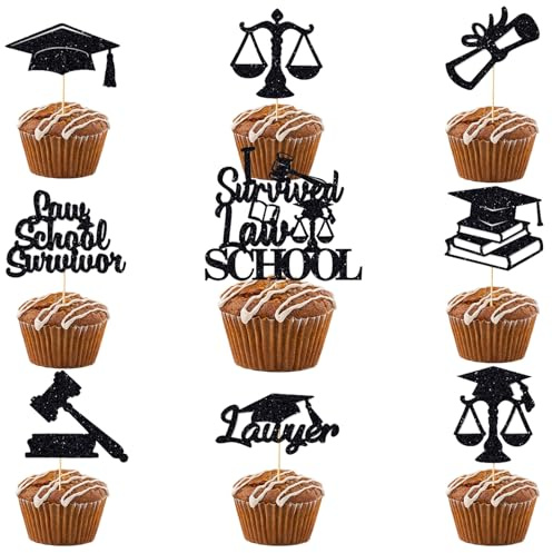 Cupcake-Topper Law School 5,133.5 cm, 25 Stück, VARACL schwarzer Glitzer, legales Thema, Kuchendekoration mit Abschlusskappe, Halm, Waage, Designs für Klasse 2025, Anwälte, Abschlussfeier