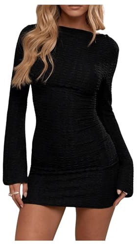 GORGLITTER Women's Long Sleeves Boat Neck Bodycon Mini Dresses Ruched Textured Elegant Going Out Dress Black Small