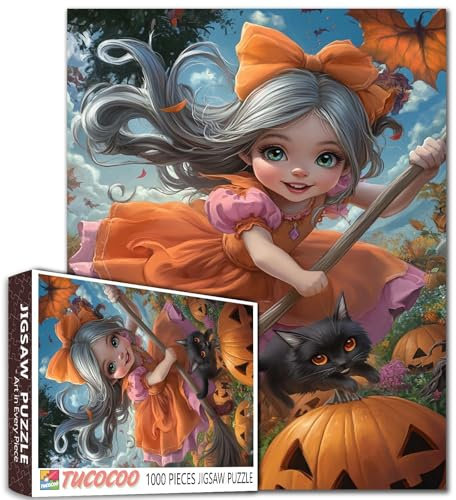 Cute Witch Girl with Black Cat Flying On Broom 1000 Piece Jigsaw Puzzle for Adults Students Halloween Pumpkin Fairy Tale Art Colorful Sky 20×27 Inch Puzzles Fantasy Fall Leaves Home Wall Decor Gifts