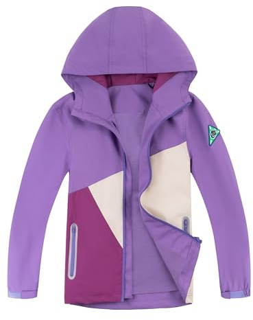 YoungSoul Chaqueta impermeable con capucha para niños y niñas, chaqueta de lluvia con diseño color bloque, Morado (, 10-11 años