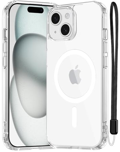 NEW'C für iPhone 15 Hülle Case kompatibel mit MagSafe + Band - Transparent | Hülle + abnehmbares Band, 6,1 Zoll, Handyhülle, Dünn, Stoßfest