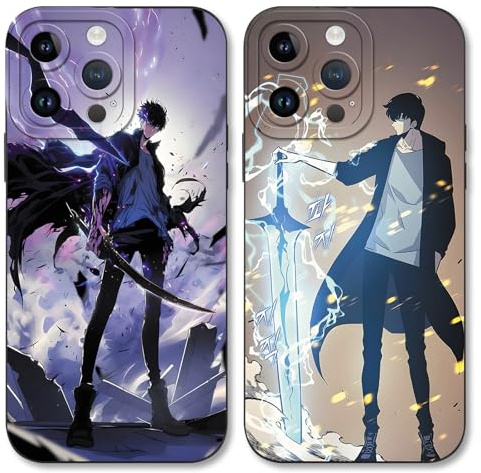 TBNMBGY 2 Stück Anime Schwarz Handyhülle für Apple iPhone 15 PRO MAX 6,7 Hülle, Manga Solo Leveling Heißblütiger Motiv Muster für Junge, Stoßfest TPU Kratzfest Fallschutz Cartoon Schutzhülle, Jungs