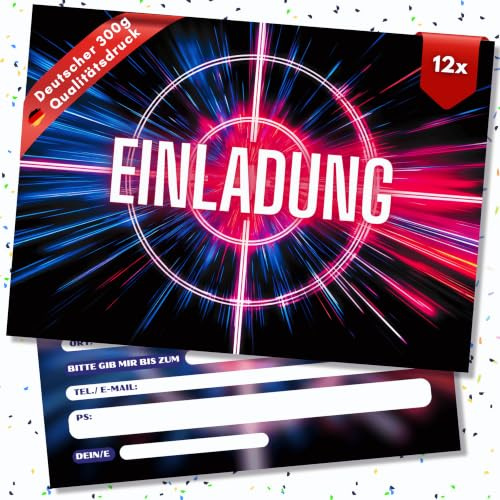 HIDEBLOOM Lasertag Einladungskarten - Kindergeburtstag Mädchen Jungen - 12 Stück - DIN A6 (10,5 cm x 14,8 cm) - Einladung Geburtstag - Einladungskarte Teenager - Fadenkreuz