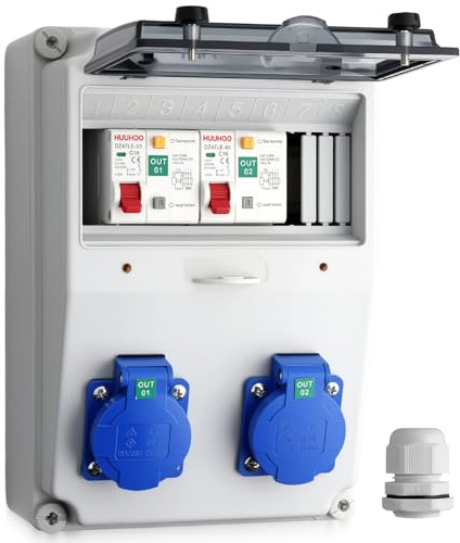 CAMWAY Baustromverteiler Wandverteiler mit LS+FI, Stromverteiler 2x 230V Schuko Steckdosen Professionelle Verdrahtung, IP66 Wasserdicht, Robuste ABS Verteiler für Innen & Außen Baustellen Werkstätten