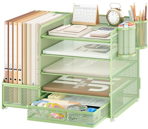 VITVITI Schreibtisch Organizer, 5 Ebenen Briefablage mit Schubladen, Aktenhalter mit 2 Stiftehalter, Büro Organizer mit Stehsammlere, Bürobedarf für A4 Dokumentenablag (Grün)