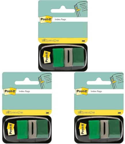Post-it Index Haftstreifen, Standard, Grün, 50 Haftstreifen, 25.4 mm x 43.2 mm - Markierungsstreifen für Dokumente und Notizen (Packung mit 3)