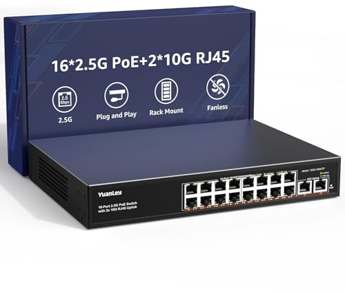 YuanLey Switch PoE 2,5G a 16 Porte Non Gestito, 16 x Porte 2,5GbE, 2 x 10G RJ45 Uplink, 250W, Switch Ethernet PoE Multi-Gigabit, IEEE 802.3af/at, Metallo senza ventola, per Telecamera IP