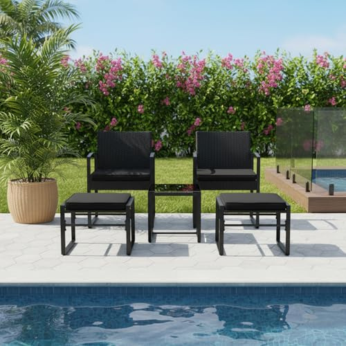 buybyroom Gartenmöbel-Set für 2–4 Personen, Gartentisch mit Stühlen für den Hof und Balkon, schwarz, 2 Sessel, 1 Tisch und 2 Hocker